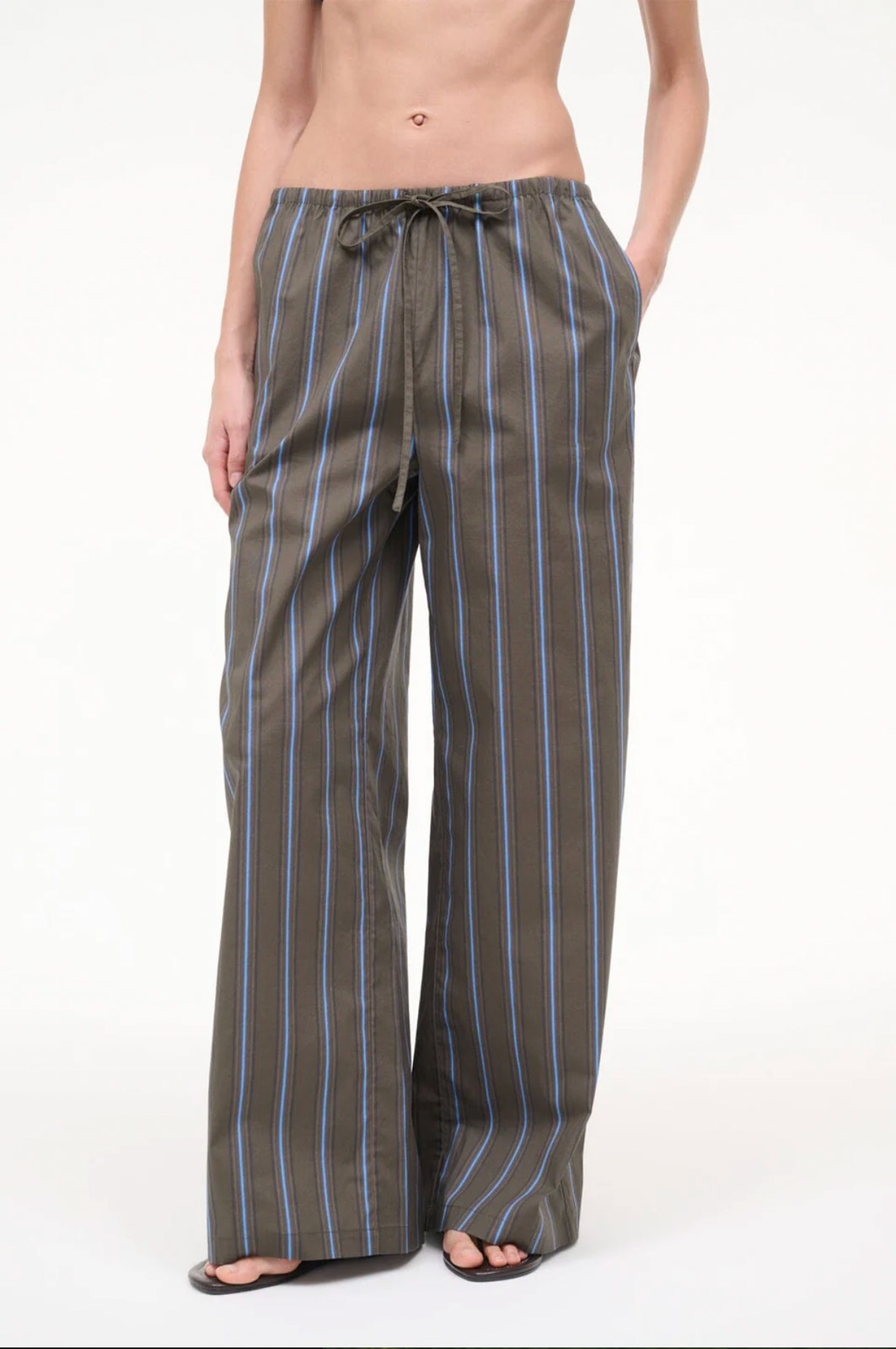 Staud Mateo Striped Drawstring Pant In Huntington Stripe Grey Blue Size Xl